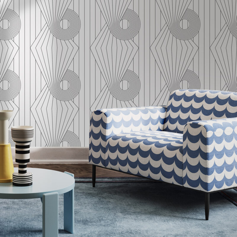 Spiral wallpaper with blue and white chair